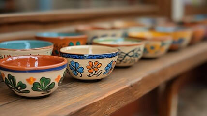 Colorful Hand-Painted Ceramic Bowls on Wooden Shelf