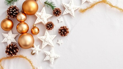 Festive Christmas Decorations Gold Ornaments White Stars Pine Cones