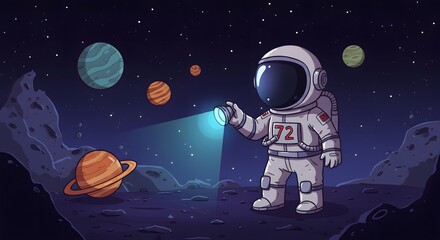 Obraz premium Astronaut Exploring Alien Planet Landscape with Flashlight and Distant Planets