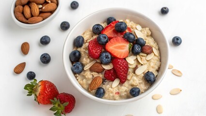 Bowl of Oatmeal with Fresh Berries and Nuts, Isolated on a White Background, High-Quality Healthy Breakfast Photography highlighting a nutritious breakfast.