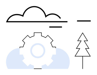 Gear surrounded by abstract shapes, a tree, and a cloud. Ideal for sustainability, technology, innovation, nature, balance, development partnerships flat simple metaphor