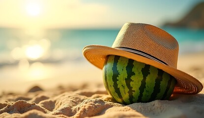 Blurred Seascape and Detailed Watermelon with a Straw Hat.
