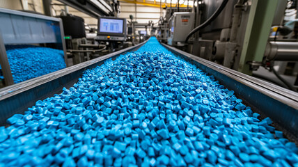 Obraz premium Blue Plastic Granules on Industrial Conveyor Belt 