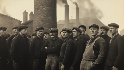A vintage black-and-white photograph of a 1920s labor union strike. Factory workers in worn-out overalls and flat caps stand united. The industrial background features smoking chimneys and an old bric