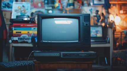 Retro Television and VCR Player on Wooden Table in a Nostalgic Room Setting