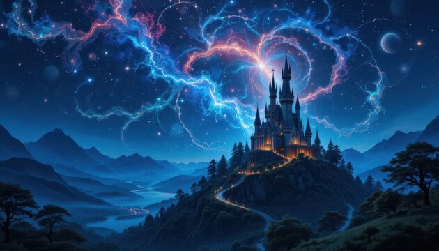 Magical castle illuminated by cosmic lights at night fantasy landscape digital art enchanted environment