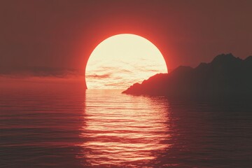 Fiery sunset over a calm ocean. Majestic sun setting on the horizon, reflecting brilliantly in the still water, with dark silhouettes of mountains in the distance
