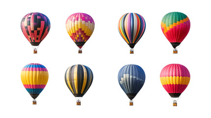 Fototapeta premium Eight colorful hot air balloons ascend together displaying various striped patterns isolated against a clean transparent background for celebration.