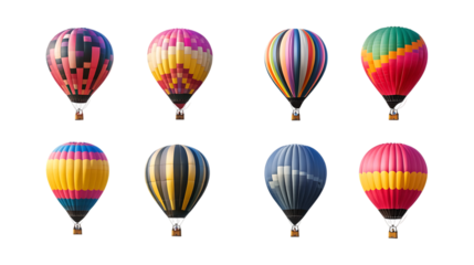 Eight colorful hot air balloons ascend together displaying various striped patterns isolated against a clean transparent background for celebration.