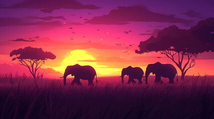 Obraz premium Silhouetted elephants walking through tall grass at sunset, with vibrant colors in the sky