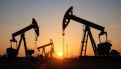 Working Pumpjacks On Sunrise. Oil pump jack silhouette on a rig. Oil drilling firm expansion. commodities and financial markets. generative AI.