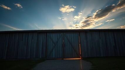 Fototapeta premium A barn door slowly closes under fading sunlight, door, barn, sky