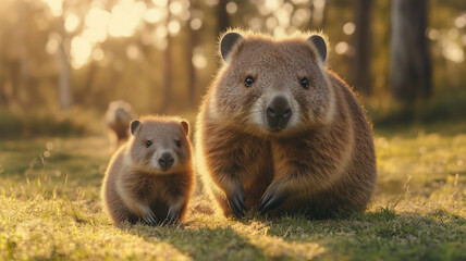 Obraz premium Cute baby wombat following its mother in nature 