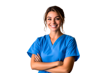 Smiling healthcare professional in blue scrubs stands confidently with arms crossed isolated on transparent background