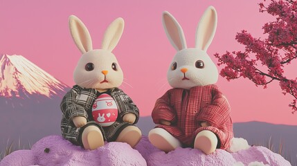 Fototapeta premium easter sunday bunny concept. Two adorable rabbits dressed in cozy outfits sit atop a soft surface with a pastel background featuring cherry blossoms and a mountain.