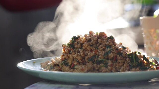 Thai basil pork Pad krapow moo sab on plate,Thai street food on dish.