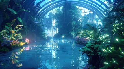 Create a 3D glowing model of a high-tech greenhouse with plants emitting bioluminescent light