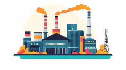 Obraz premium Minimalist Icon of Industrial Building with Smokestacks and Trees