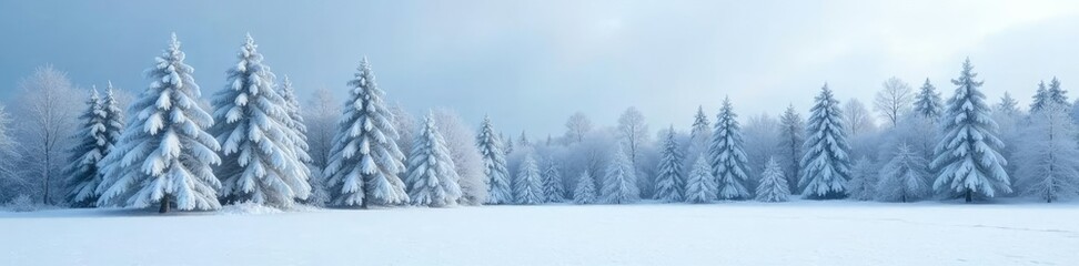 Dense row of snow-covered trees in frosty landscape background, winter, snowflakes