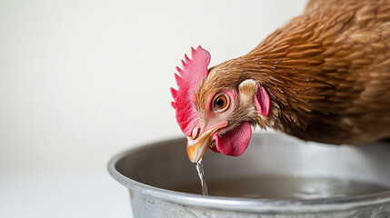 A brown hen drinks water from a metal bowl, a drop falls from its beak