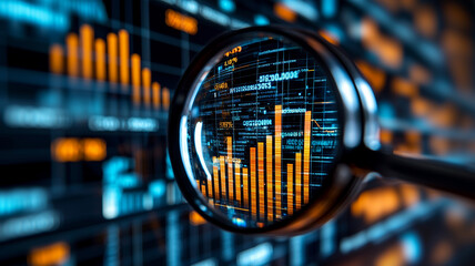 Digital Data Inspection: Magnifying Glass Sharpens Vibrant Orange Bar Charts and Blue Numerical Data on Digital Screen
