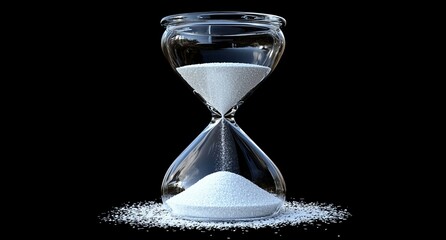 Hourglass flowing sand on black background
