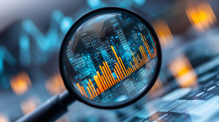 Digital Data Inspection: Magnifying Glass Sharpens Vibrant Orange Bar Charts and Blue Numerical Data on Digital Screen
