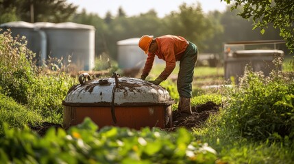 A worker performs maintenance on a septic tank, ensuring proper cleaning and waste management for an efficient waste disposal service.
