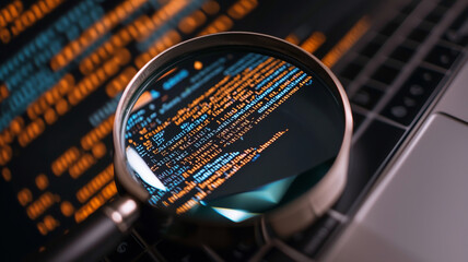 Enhanced Code Inspection: Magnifying Glass Highlights Color-Coded Programming on Digital Display

