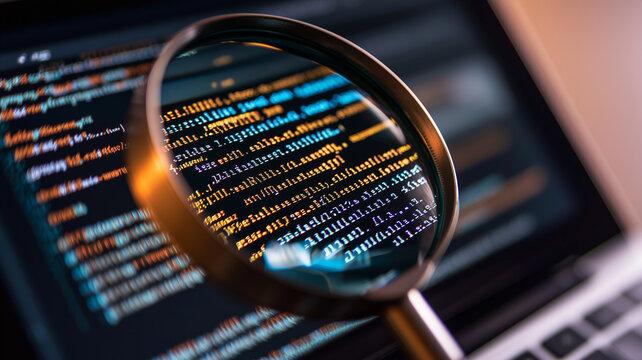 Enhanced Code Inspection: Magnifying Glass Highlights Color-Coded Programming on Digital Display
