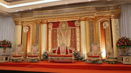 Obraz premium Grand Gold Wedding Stage Decor with Intricate Carvings