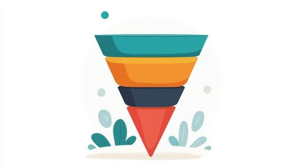 e-commerce growth online concept. Abstract illustration of a funnel with colorful layers and abstract elements around it, symbolizing processes or stages.