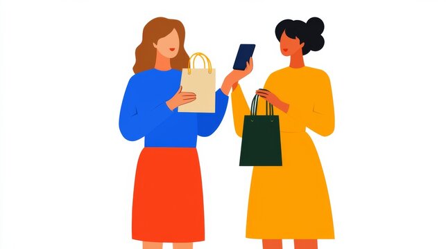 e-commerce growth online concept. Two women engaged in shopping, one holding bags and a phone, exuding a lively, modern vibe.