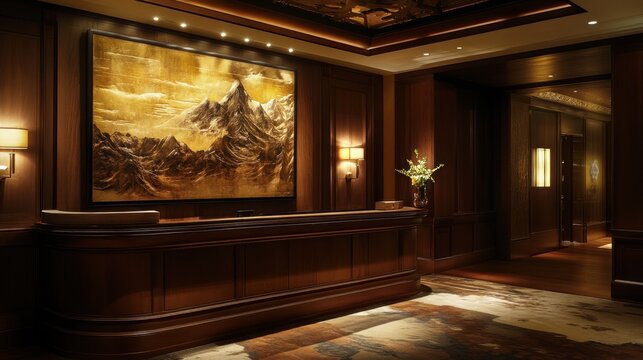 Artistic boutique hotel front desk with warm wood paneling, creative wall art, and inviting lighting