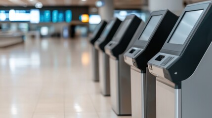Fototapeta premium Passengers at self-check-in kiosks Concept, Modern Airport Terminal Kiosks Lined Up in a Clean Waiting Area with Soft Lighting and Spacious Design