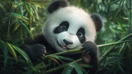Obraz premium A panda cub playing in a bamboo thicket, its tiny paws grasping the stalks with playful curiosity