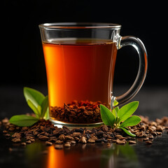 Glass Cup of Amber Tea with Green Leaves and Dark Background