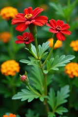 Red Iresine herbstii foliage with yellow marigold blooms, decorative plants, Gelendzhik