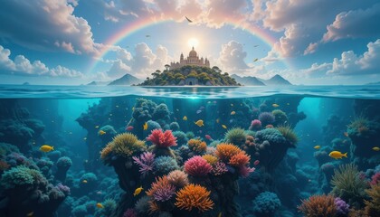 Underwater kingdom adventure enchanted coral reef oceanic landscape vibrant marine life fantasy environment