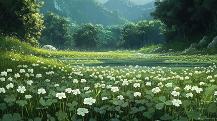 A peaceful scene in a meadow where white clover is concealed in the grass, kissed by morning dew, creating a tranquil and refreshing atmosphere