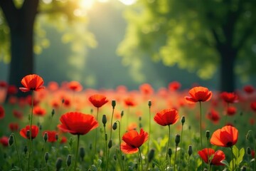 Obraz premium Red poppies swaying gently in the breeze amidst tall trees, leaves, branches, poppies