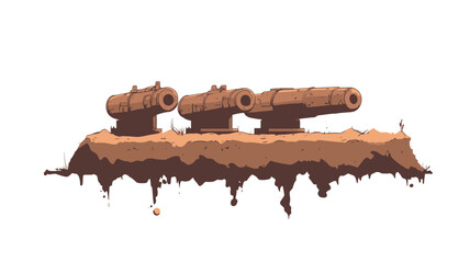 A digital illustration depicting three stylized cannons positioned side-by-side on a small, brown hill or mound. The cannons are a muted brownish-tan color, suggesting age or weathering. The hill