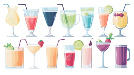 A digital illustration showcasing a diverse collection of sixteen different cocktails. Each cocktail is presented in a variety of glass types and features distinct color variations and garnishes,