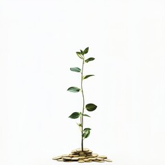 Fototapeta premium Plant Growing from Coins on White Background