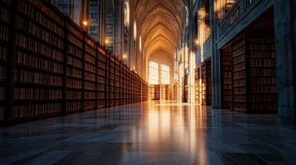 Fototapeta premium Majestic Library Interior Sunlit Bookshelves Ancient Texts Architectural Grandeur