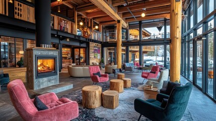 Cozy hotel lobby with a fireplace, plush armchairs, and a relaxing ambiance