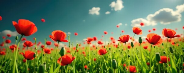 Soft pink petals of red poppies sway gently in the breeze amidst lush green grass, cosmos, field