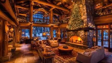 Fototapeta premium Cozy winter-themed hotel lobby with a rustic stone fireplace, warm lighting, and soft seating