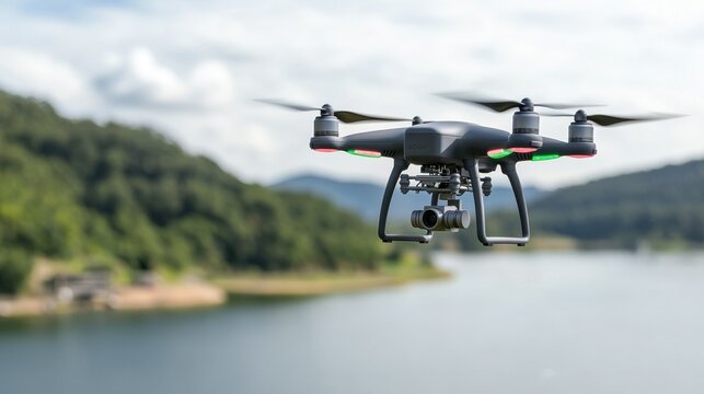 Inspection Electrical Systems Concept, Drone Performing Inspection Over Hydroelectric Facility by the Scenic River in a Vibrant Green Landscape - Powered by Adobe