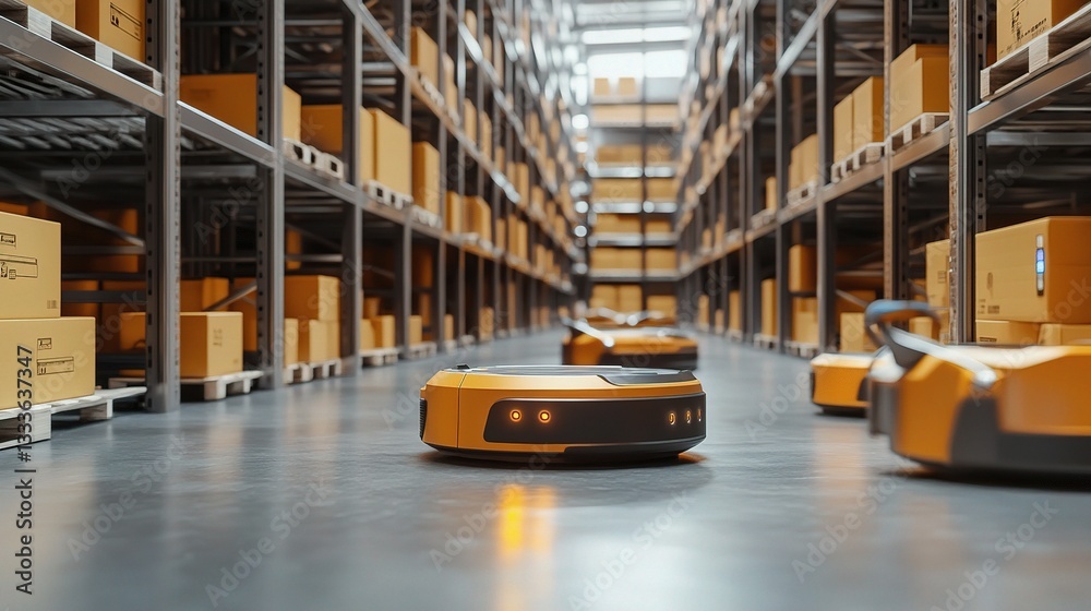 Poster advanced autonomous robots sorting packages in smart warehouse